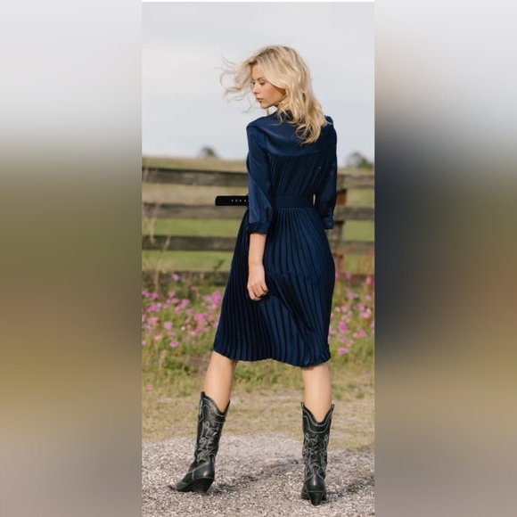 Aleeza Elegant Marquis Navy Belted Midi Dress With Pleats - Picture 3 of 9